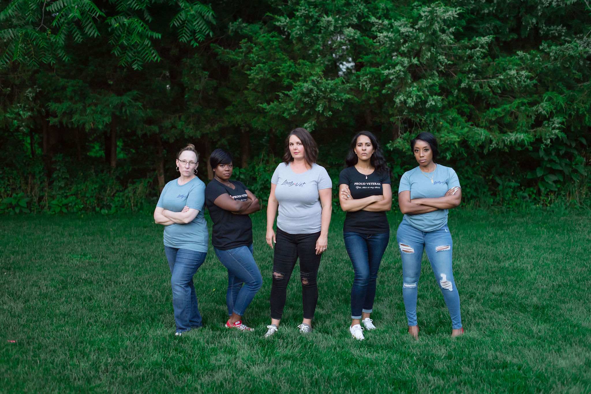 5 women Veterans standing outside in Lady Vet Shirts