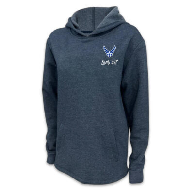 A blue pullover hoodie with the Air Force Lady Vet Logo on the left chest.