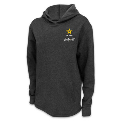 A charcoal gray pullover hoodie with the Army Lady Vet logo on the left chest.